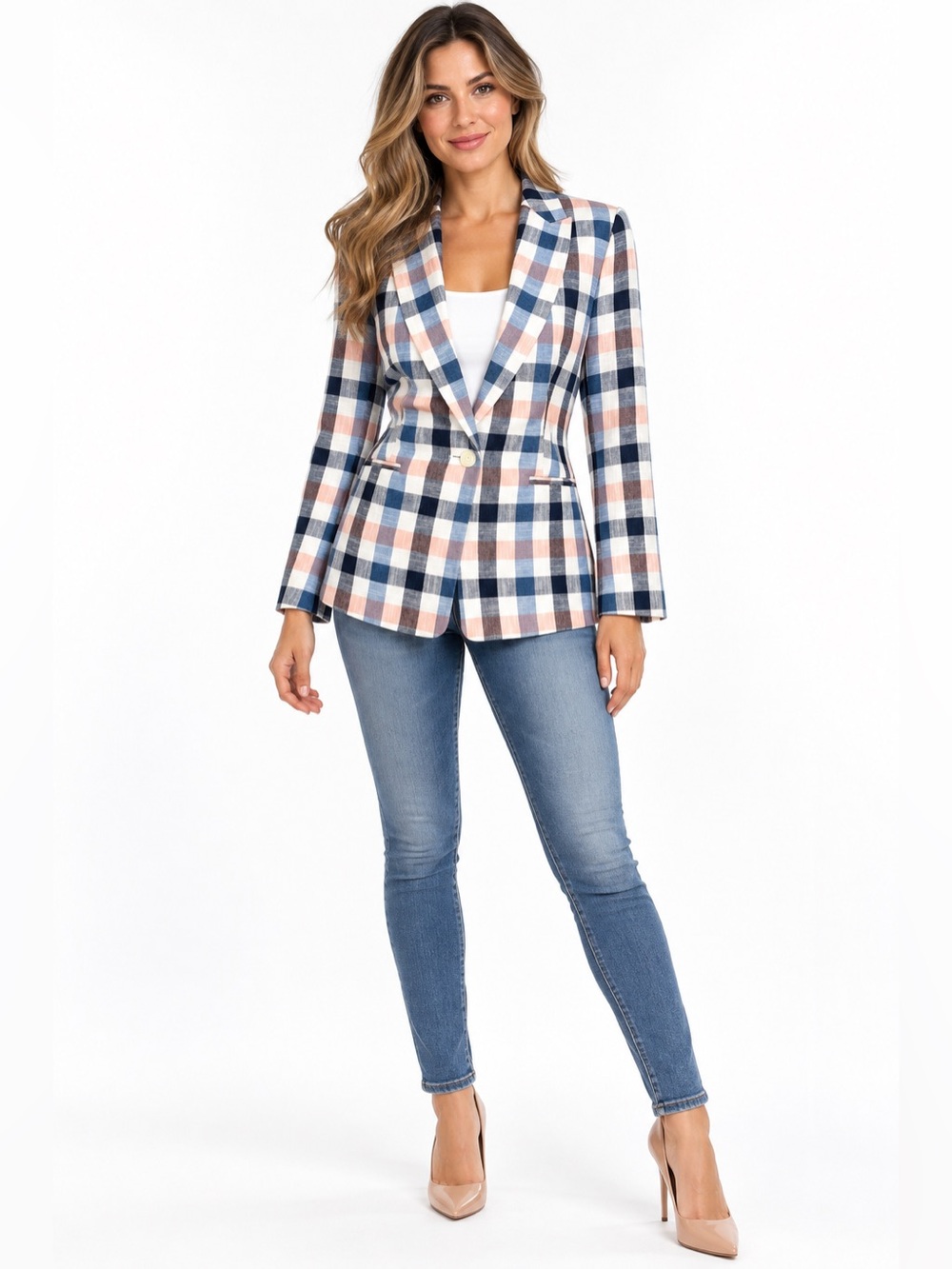 Talbots Petite 12P Madras Plaid Blazer Pink Blue Cotton Blend Preppy Jacket